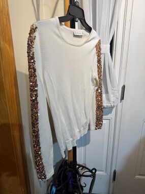 White Sweater with Gold Sequin Sleeve Trim